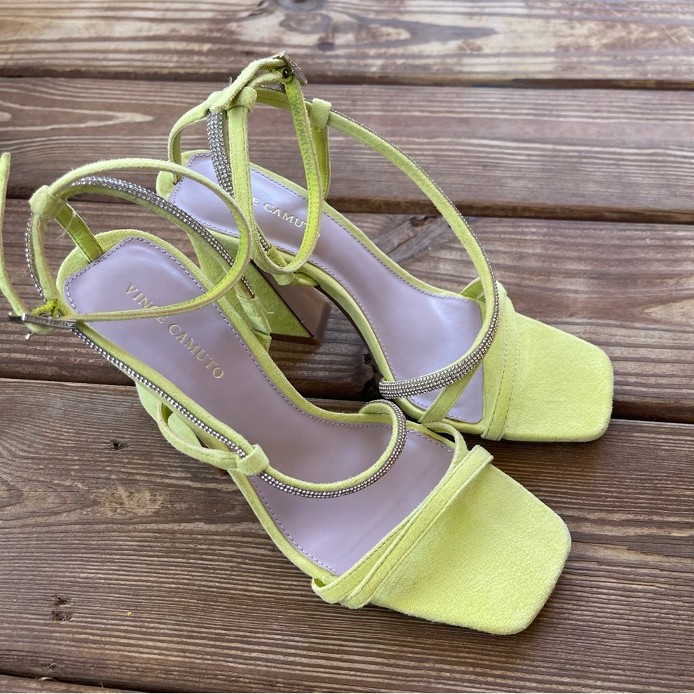 Vince Camuto Lime Green Suede Heels Rhinestone Strap Block Heel Size 8
